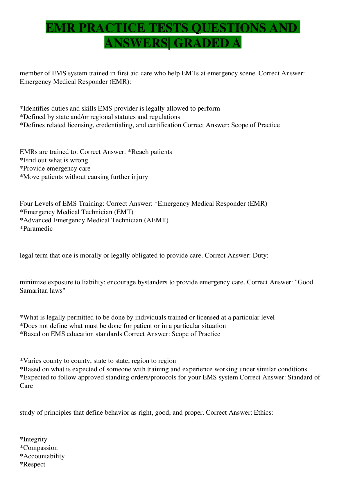 Preview image of EMR PRACTICE TESTS QUESTIONS AND ANSWERS| GRADED A document